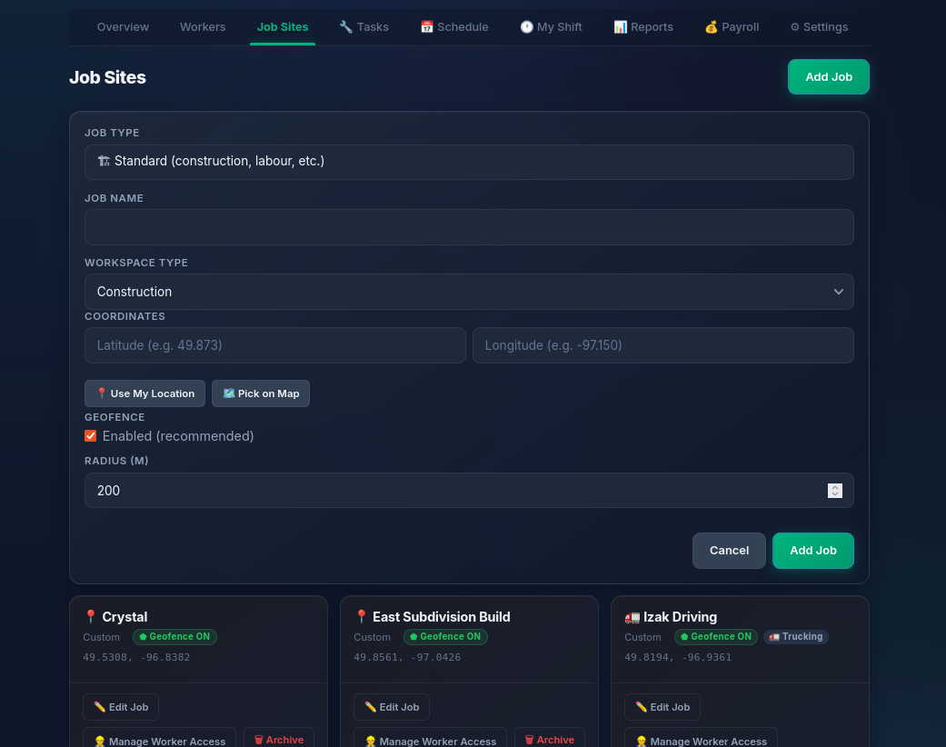 FieldClock Job Sites screen with job creation and saved job cards